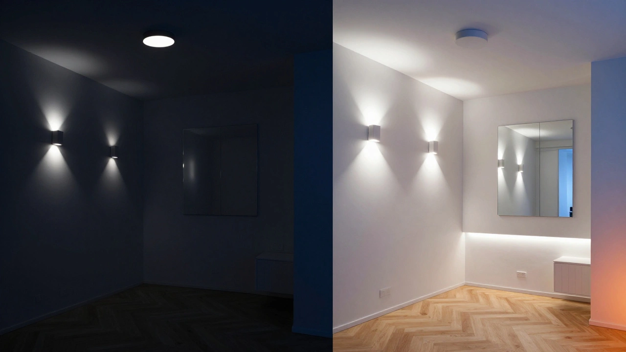 Vergleich zweier Wohnungen: eine mit schlechter Beleuchtung, die andere mit schattensfreier, gesundheitsfördernder Lichtplanung.