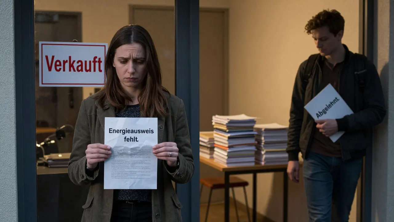 Verkäufer hält fehlenden Energieausweis, Käufer geht weg, während vollständige Unterlagen im Haus liegen.