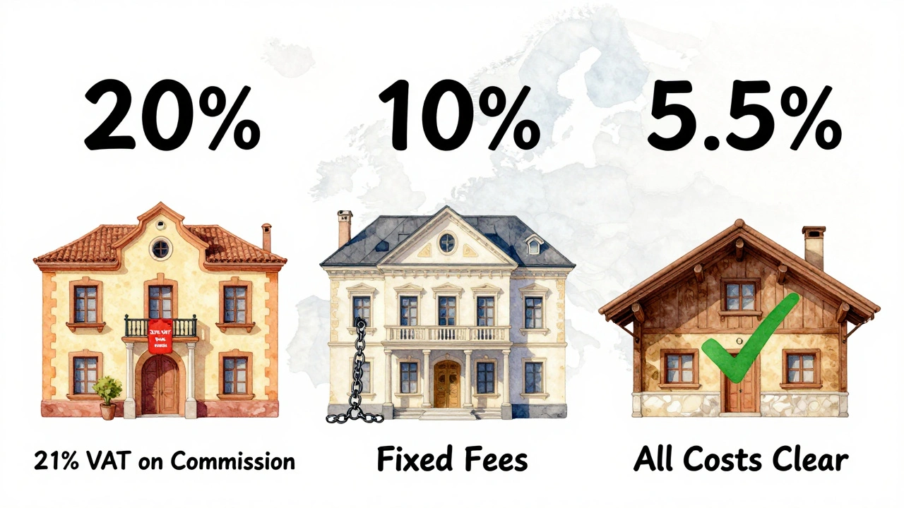 Wasserfarbillustration mit drei europäischen Häusern und unterschiedlichen Nebenkosten-Labels: Spanien, Italien, Österreich.