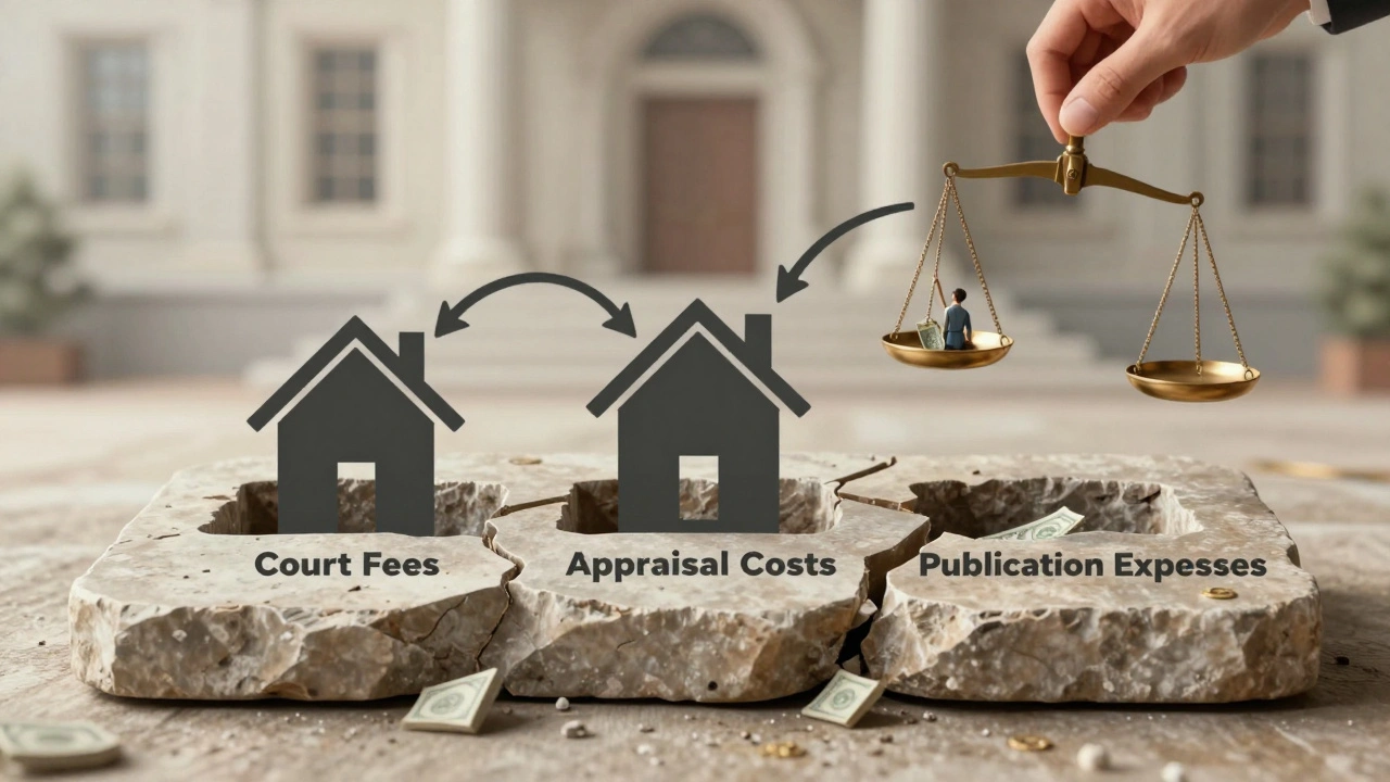 Zerbrechliche Tafel mit Kosten der Zwangsversteigerung, abfließendes Geld von einem Haus.