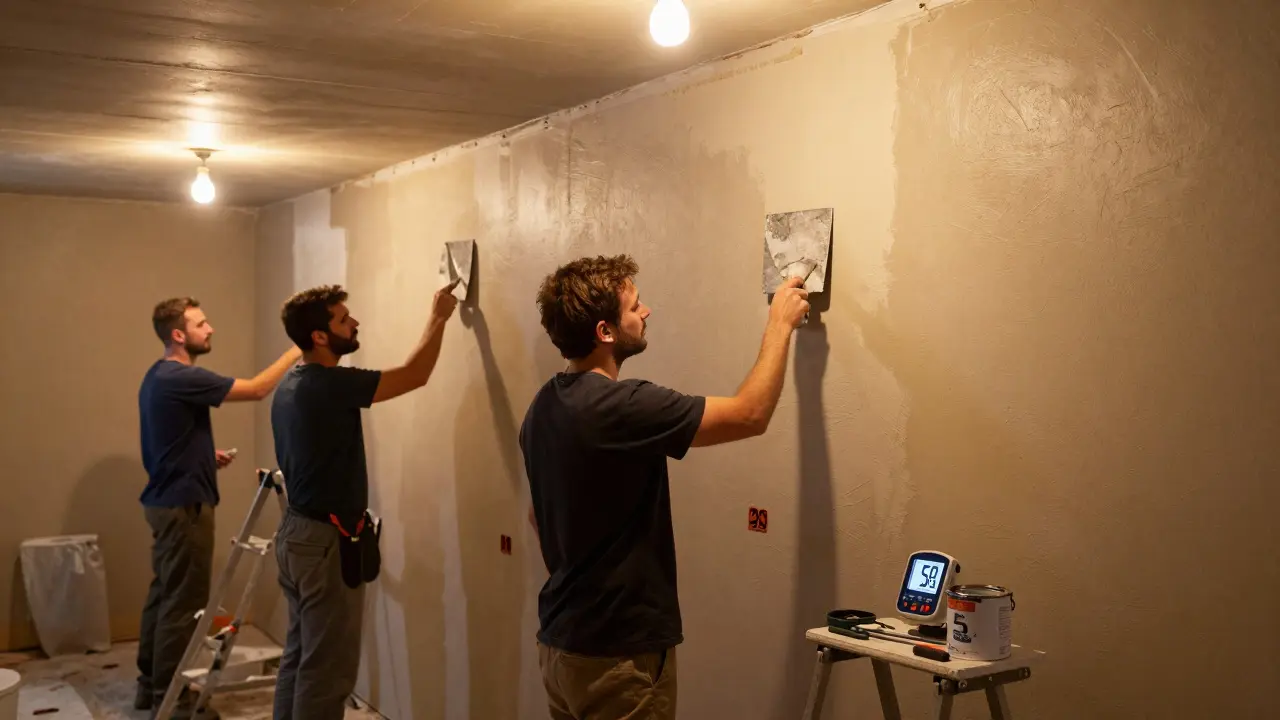 Arbeiter tragen diffusionsoffenen Sanierputz auf eine trockene Kellerwand auf, warmes Licht und Hygrometer im Hintergrund