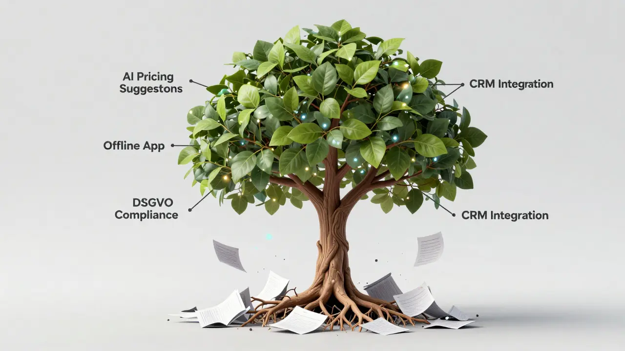 Digitale Baumstruktur mit integrierten Funktionen einer modernen Angebotsmappe, während Papierakten verschwinden.