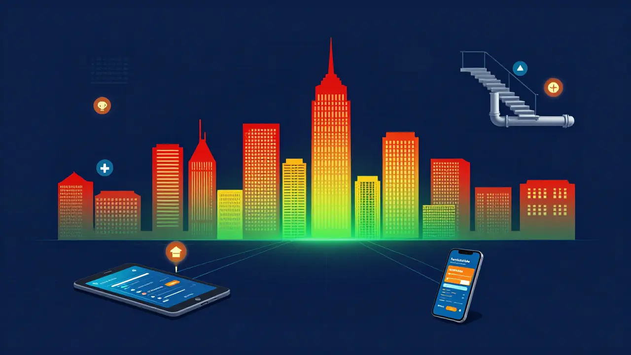 Digitales Dashboard zeigt Risikostatus von Gebäuden in einer Stadt mit AR-Hinweisen.