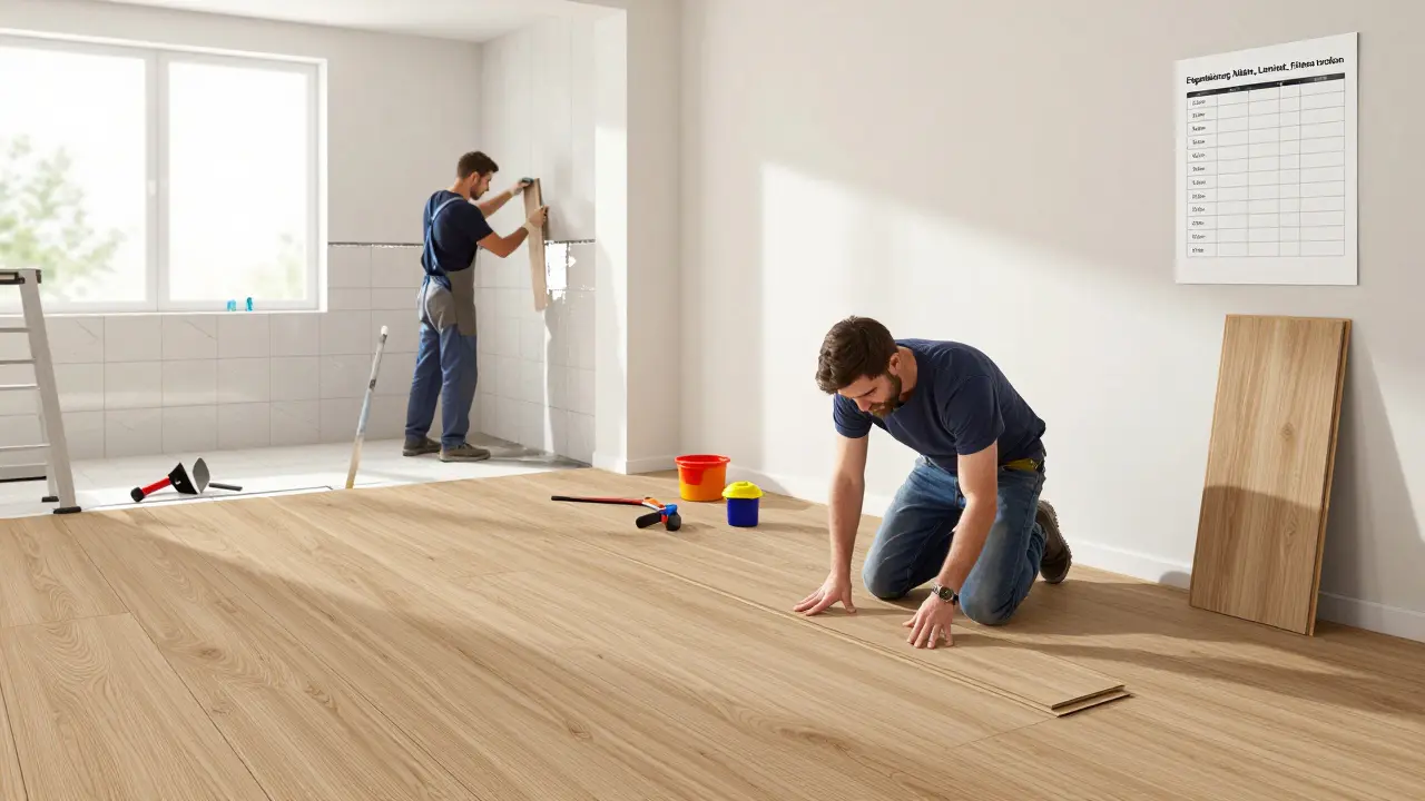 DIY-Heimwerker verlegt Laminat, während ein Profi Fliesen in einem Badezimmer verlegt.