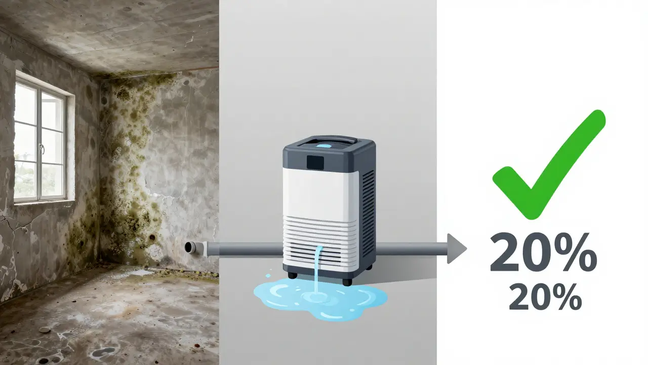 Dreiteilige Illustration: schadhafter Keller → Entfeuchtung → trockene, sichere Wand.