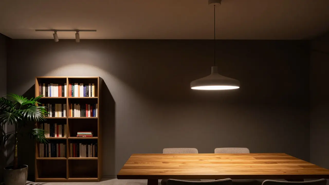 Ein modernes Wohnzimmer mit beleuchtetem Bücherregal und einer Pendelleuchte über dem Esstisch in warmem Licht.