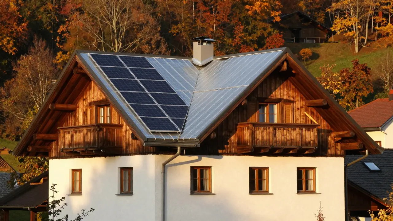 Ein traditionelles österreichisches Haus mit gedämmtem Dach und Solaranlage im Abendlicht.