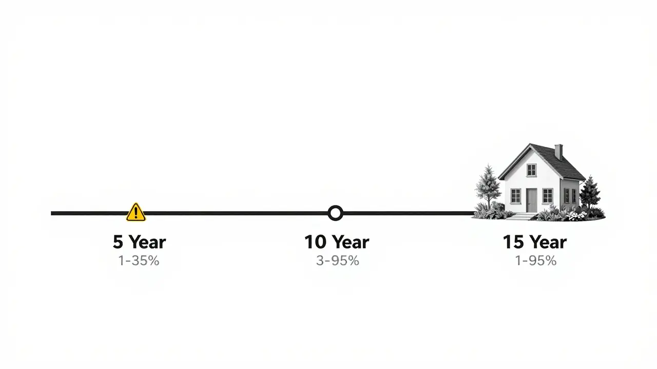 Ein Zeitstrahl zeigt drei Kreditwege mit unterschiedlichen Zinsbindungen und Lebensszenen.