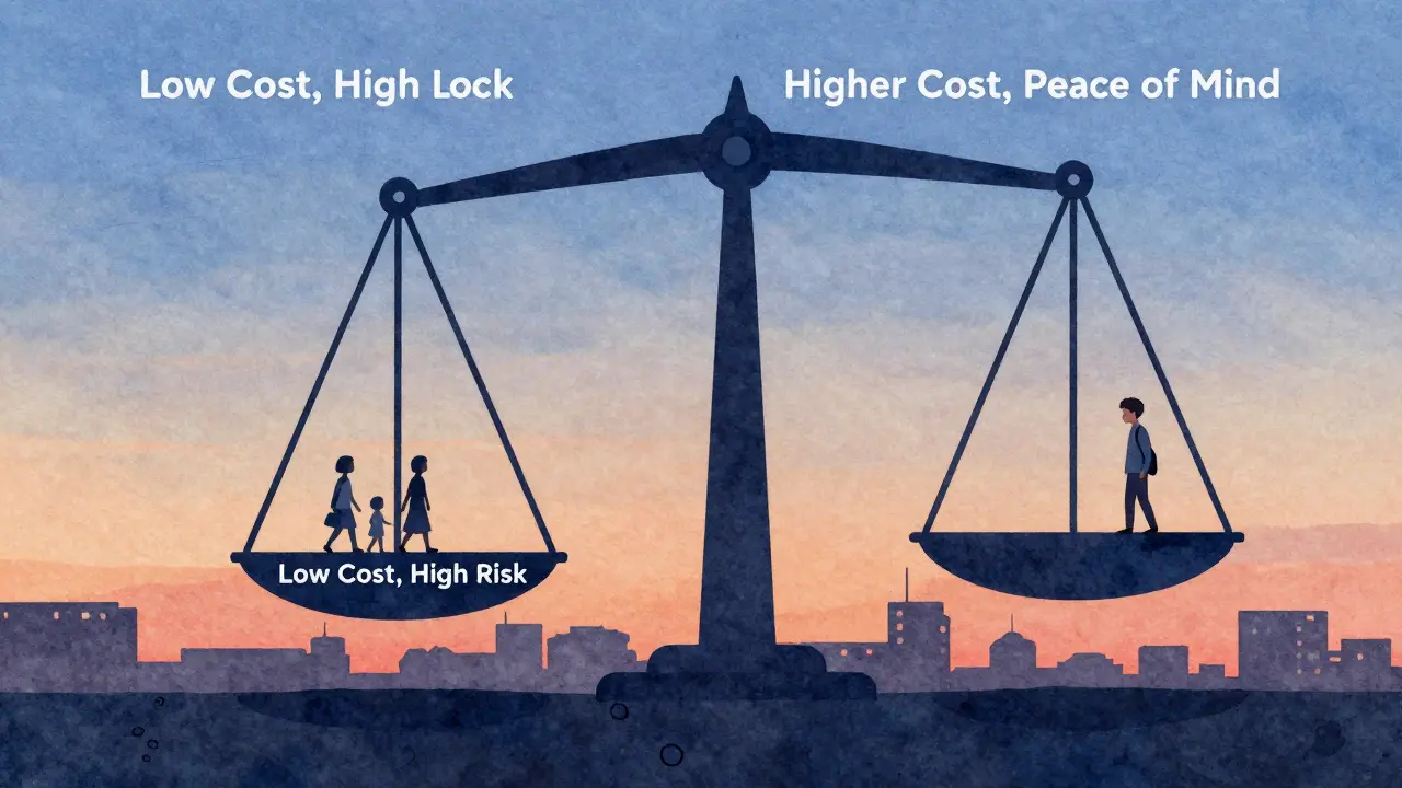 Eine Waage vergleicht eine kurze und lange Zinsbindung mit Familienfiguren darunter.