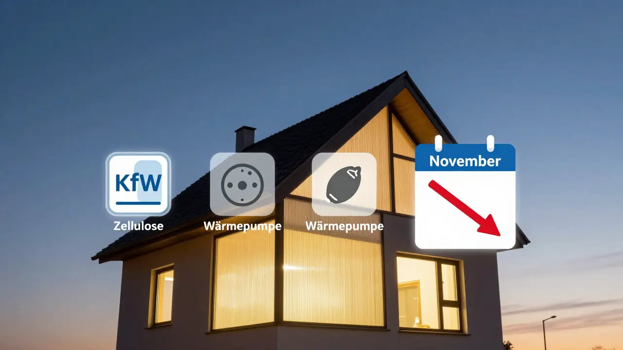 Energetisch saniertes Haus mit Förderungssymbolen und Jahreszeiten, symbolisierend Kostenersparnis durch richtigen Zeitpunkt.