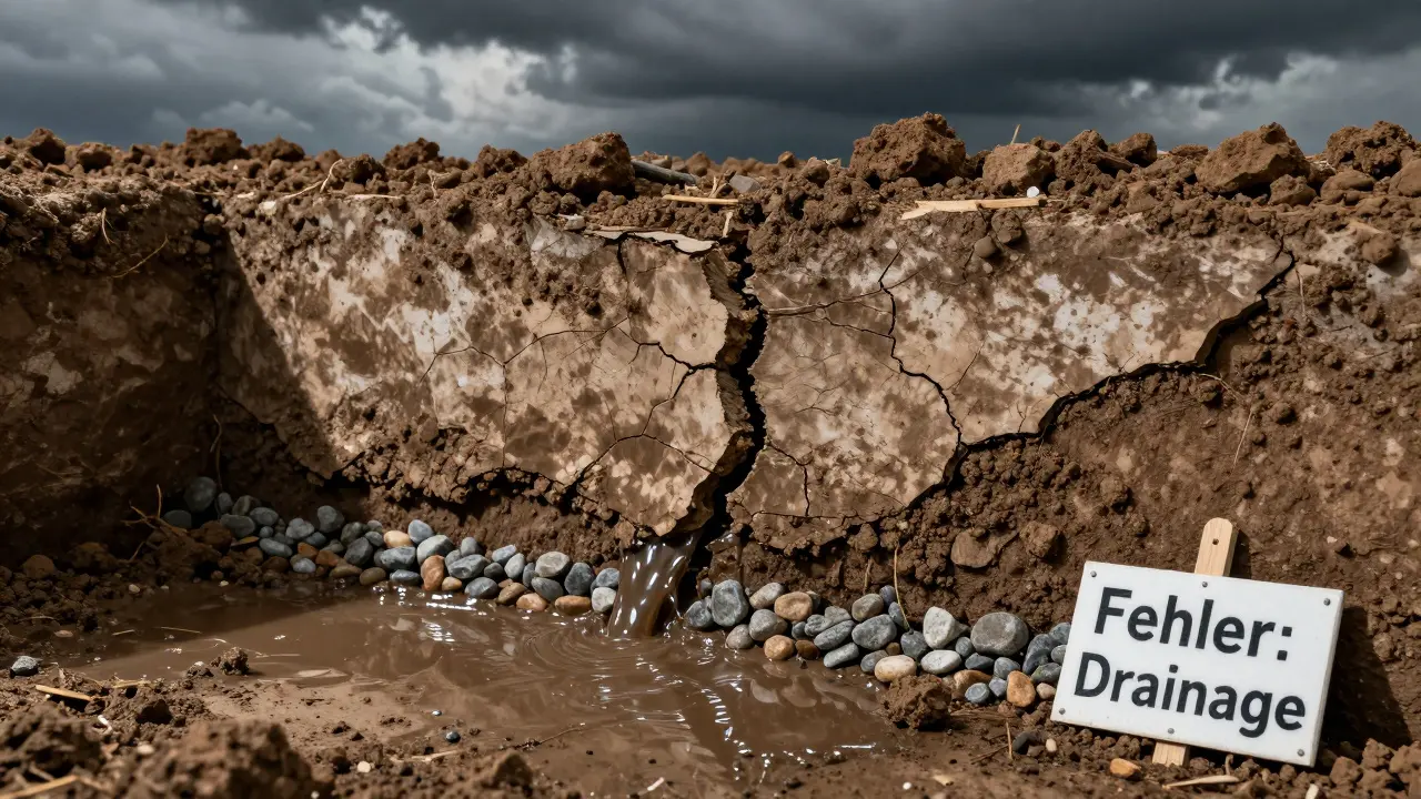 Falsche Rückverfüllung mit Lehm direkt an der Wand, Wasser dringt ein, keine Drainageschicht, Risse in der Mauer.