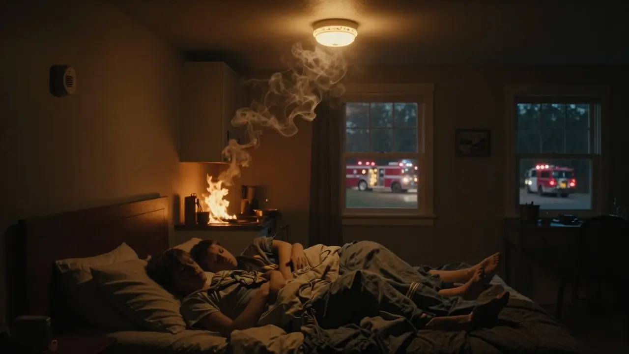 Familie schläft, Rauch steigt auf, ein Melder leuchtet, ein zweiter ist dunkel — Leben hängt am richtigen Gerät.