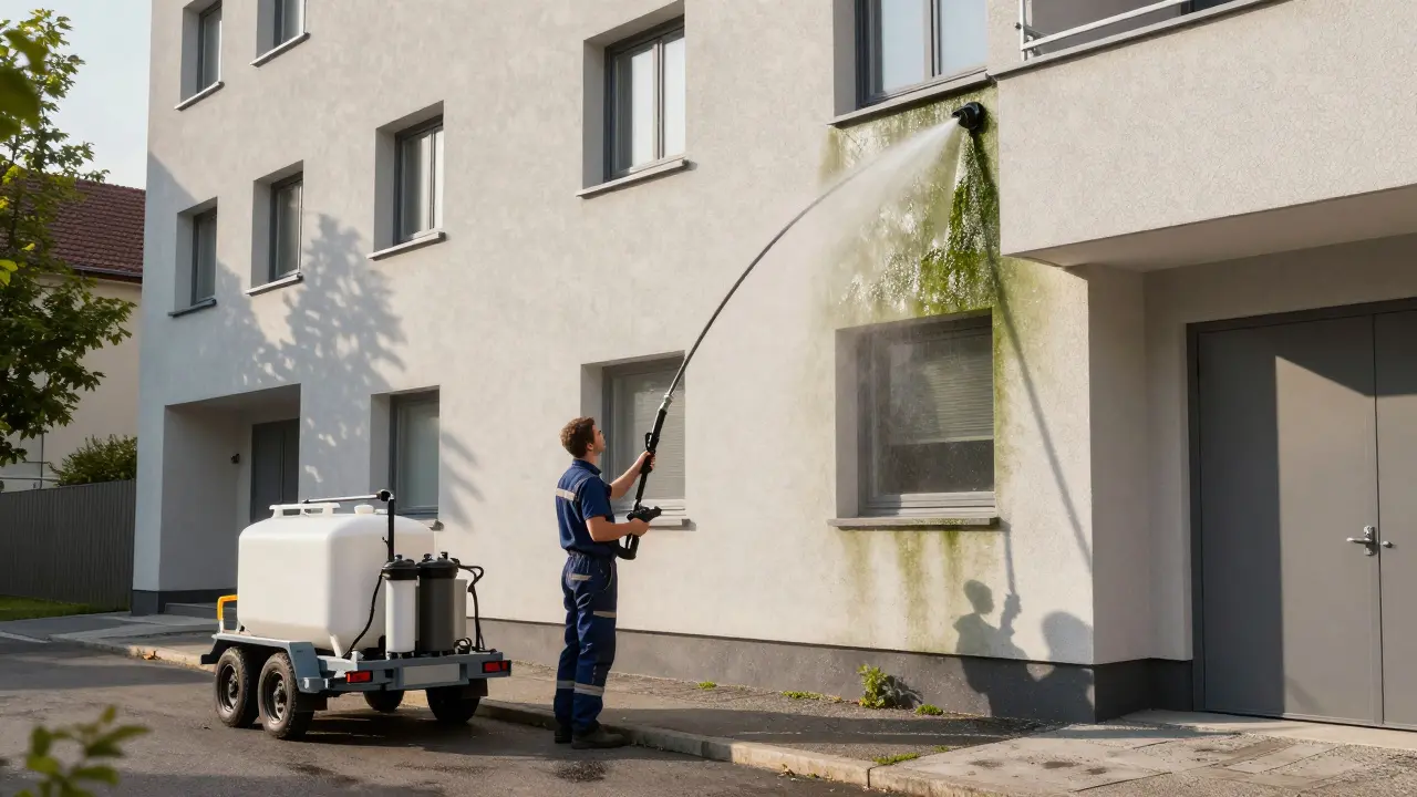 Fassadenreinigung ohne Gerüst: So funktionieren Teleskopsysteme und warum sie sicherer sind