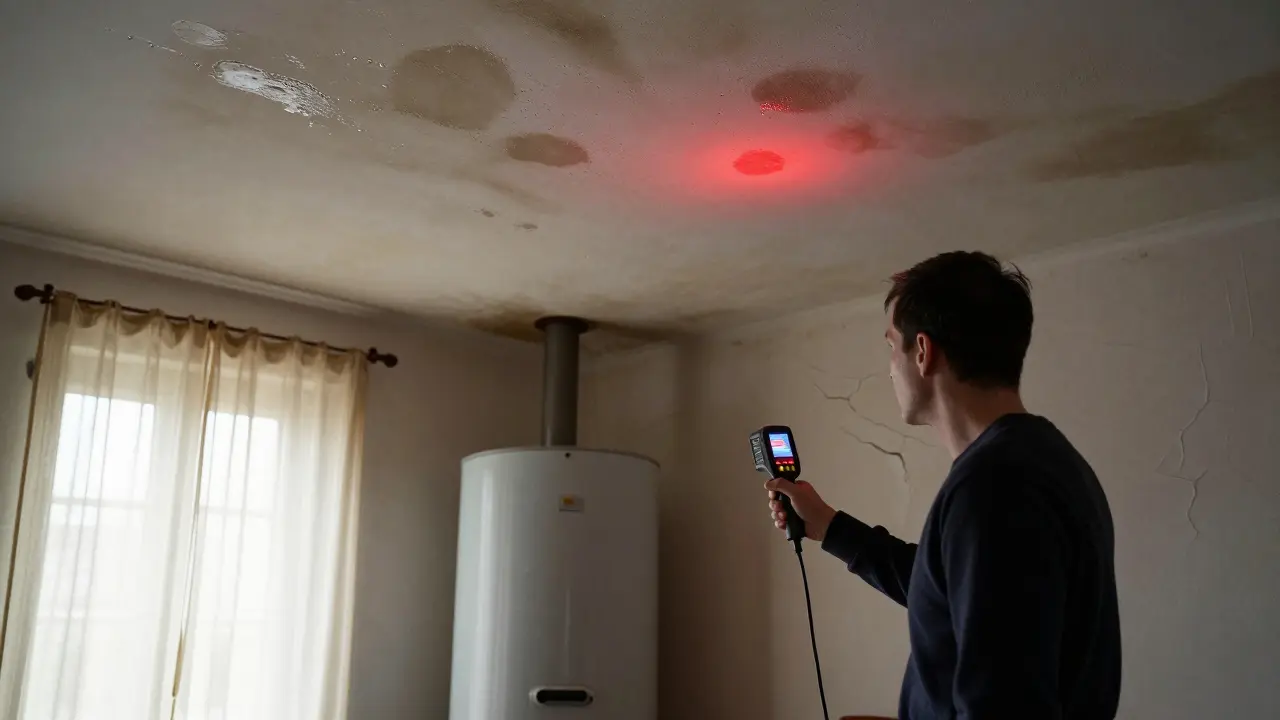 Feuchter, schimmeliger Deckenbereich in einem alten Wohnzimmer mit veralteter Ölheizung und Wärmebildkamera, die die Wärmebrücke zeigt.