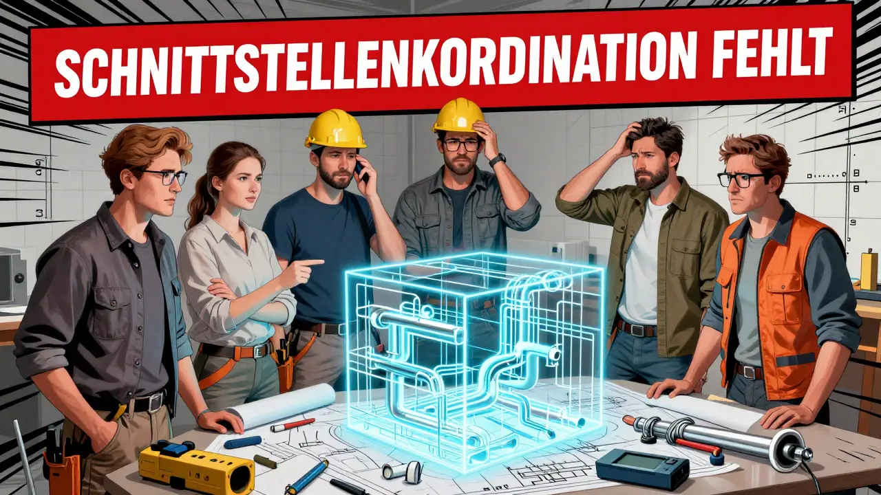 Fünf Gewerke diskutieren eine 3D-BIM-Planung, während Heizung und Elektro sich widersprechen.
