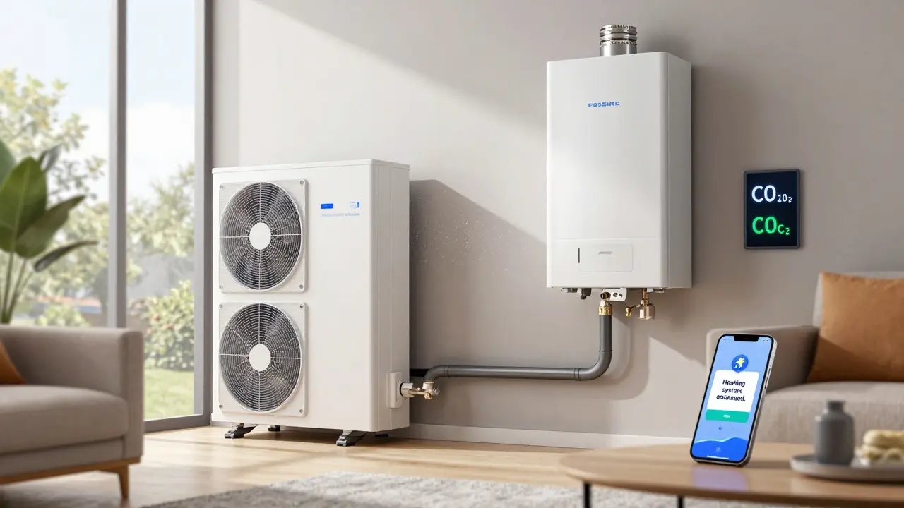 Hybridheizung mit Wärmepumpe und Gasboiler in einem modernen Wohnraum mit digitaler Steuerung.