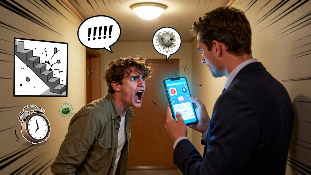 Konflikt zwischen Vermieter und Mieter mit digitalen Risikohinweisen in der Umgebung.