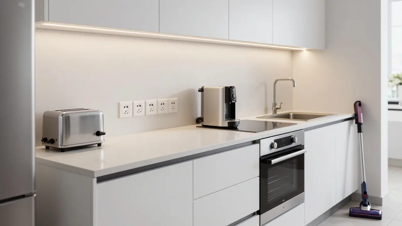 Küche mit acht Steckdosen über der Arbeitsplatte und an Geräten, ordentlich angeordnet.