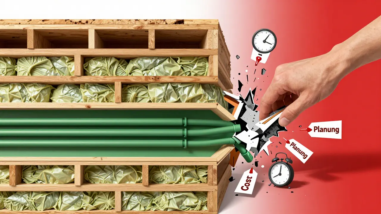 Linker Teil: perfekt koordinierte Gebäudeschichten. Rechter Teil: chaotische Kollisionen — Hand der Planung korrigiert den Fehler.