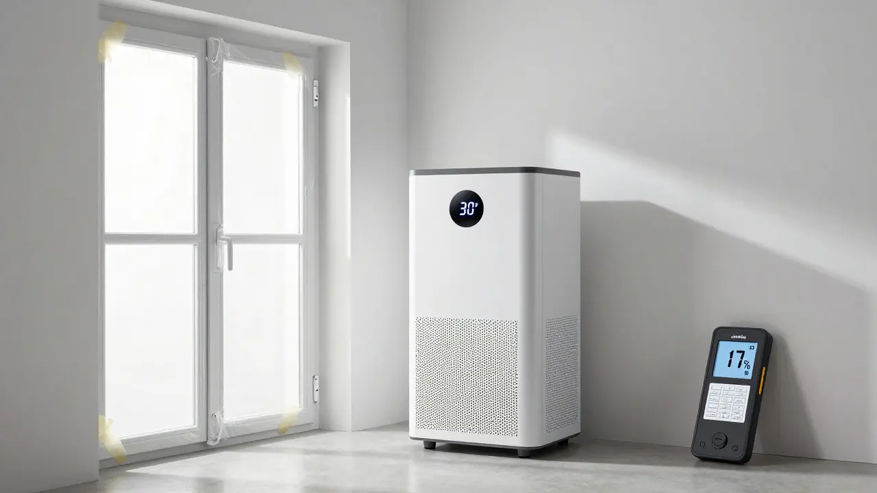 Moderner Keller mit Luftentfeuchter, der 30 % Luftfeuchtigkeit anzeigt und ein Feuchtemessgerät in der Hand.