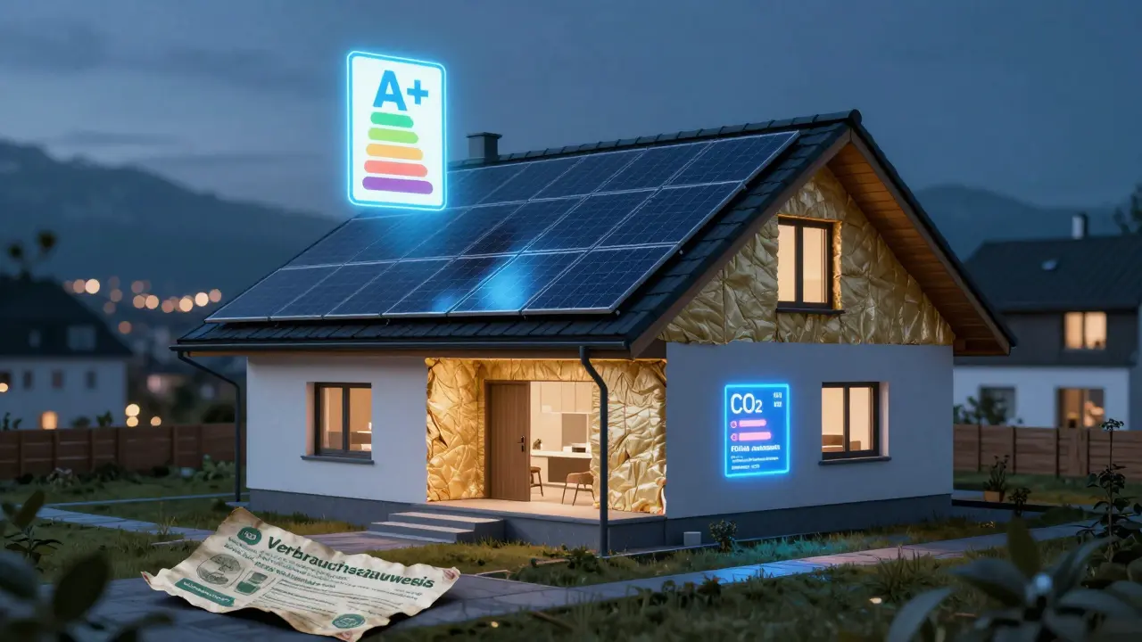 Modernes Haus mit A+-Energieausweis und Solaranlage, während ein alter Verbrauchsausweis am Boden liegt.