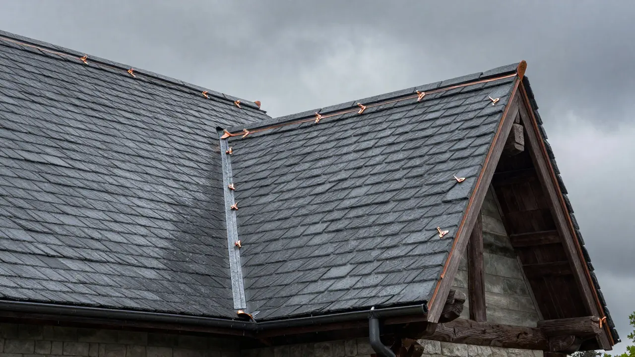 Naturschieferdach mit kupfernen Klammern und sichtbarer Holzunterspannung.