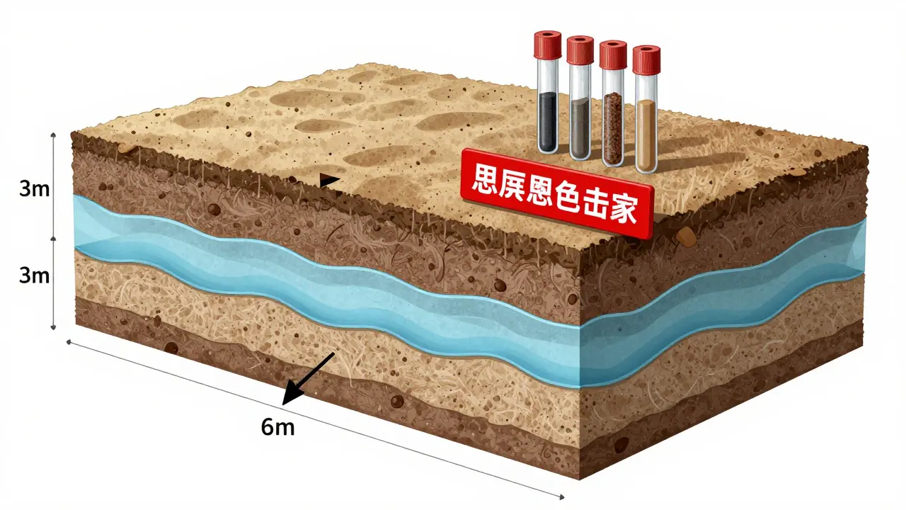 Querschnitt durch Bodenschichten mit Grundwasser und Bohrungen für Bauuntersuchung.