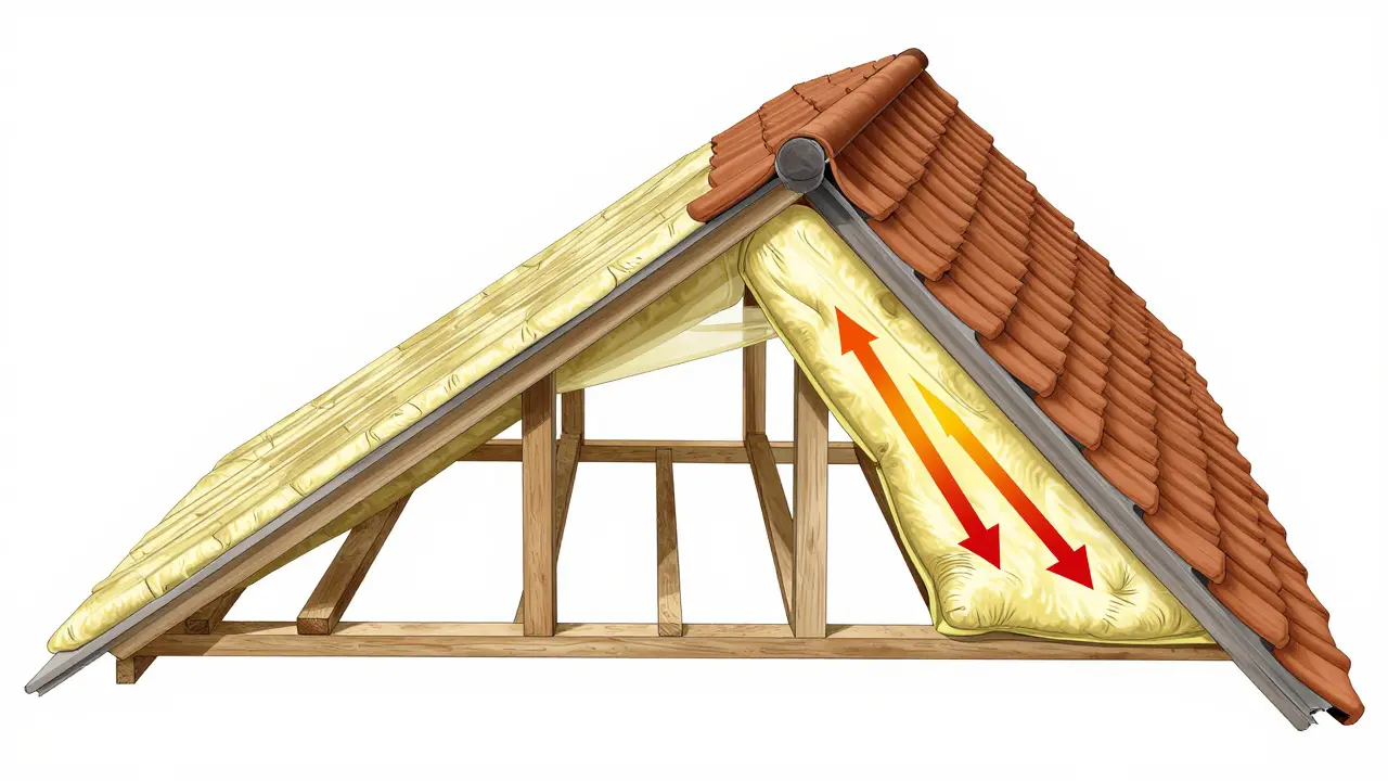 Querschnitt eines Daches mit zwei Dämmmethoden: Aufsparren und Dachbodendämmung, mit Wärmeflusspfeilen.
