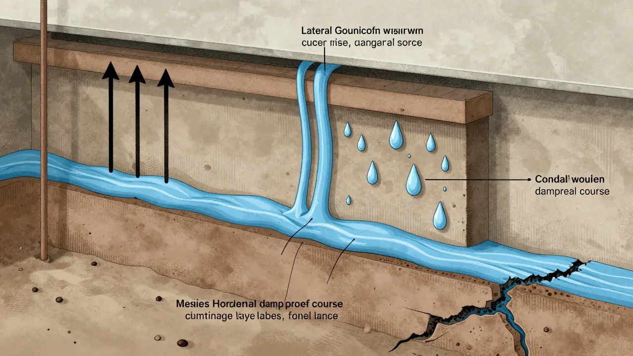 Schnittansicht eines Kellers mit drei Feuchtigkeitsquellen: aufsteigende Feuchtigkeit, seitlicher Wasserdruck und Kondensation