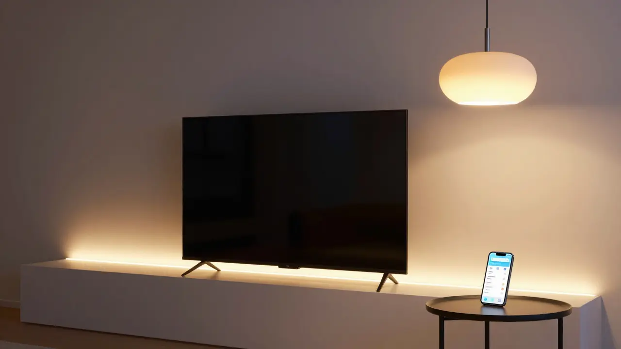Smartes Wohnzimmerlicht mit verborgenen LED-Strips und einer anpassbaren Pendelleuchte, die sich der Tageszeit anpasst.