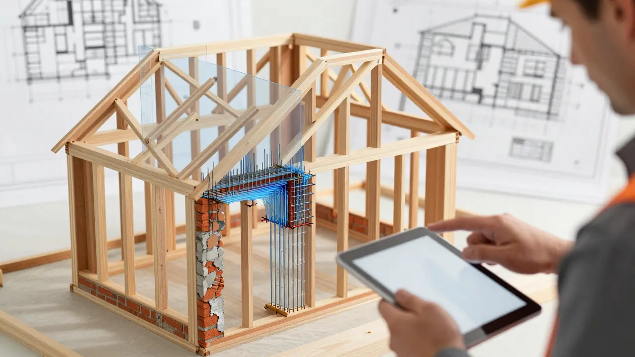Statiker analysiert digital die Tragwerksbelastung einer alten Wand mit Verstärkungen.
