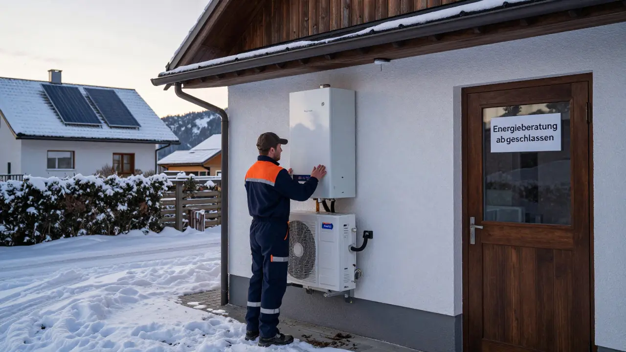 Techniker installiert eine Hybridheizung mit Wärmepumpe und Gasheizung an einem österreichischen Haus im Winter.