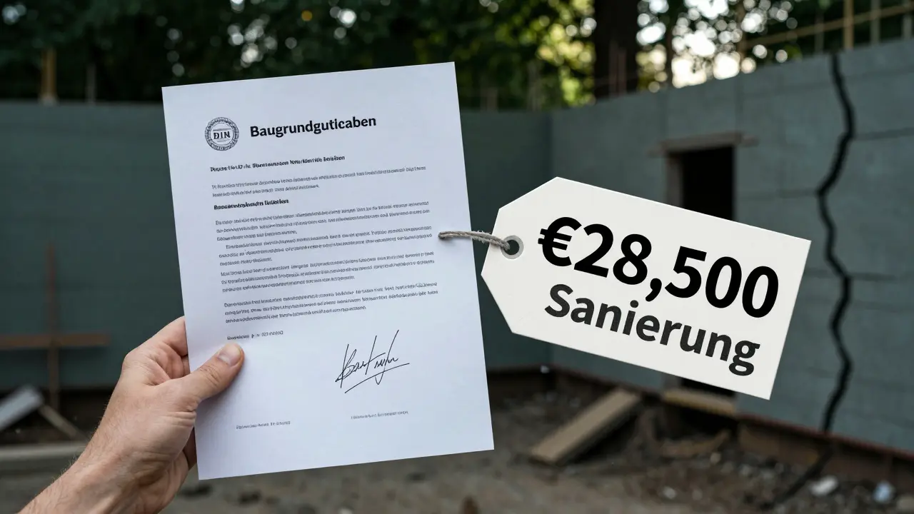 Unterschriebenes Gutachten neben einem Schild mit Sanierungskosten von über 28.000 Euro.