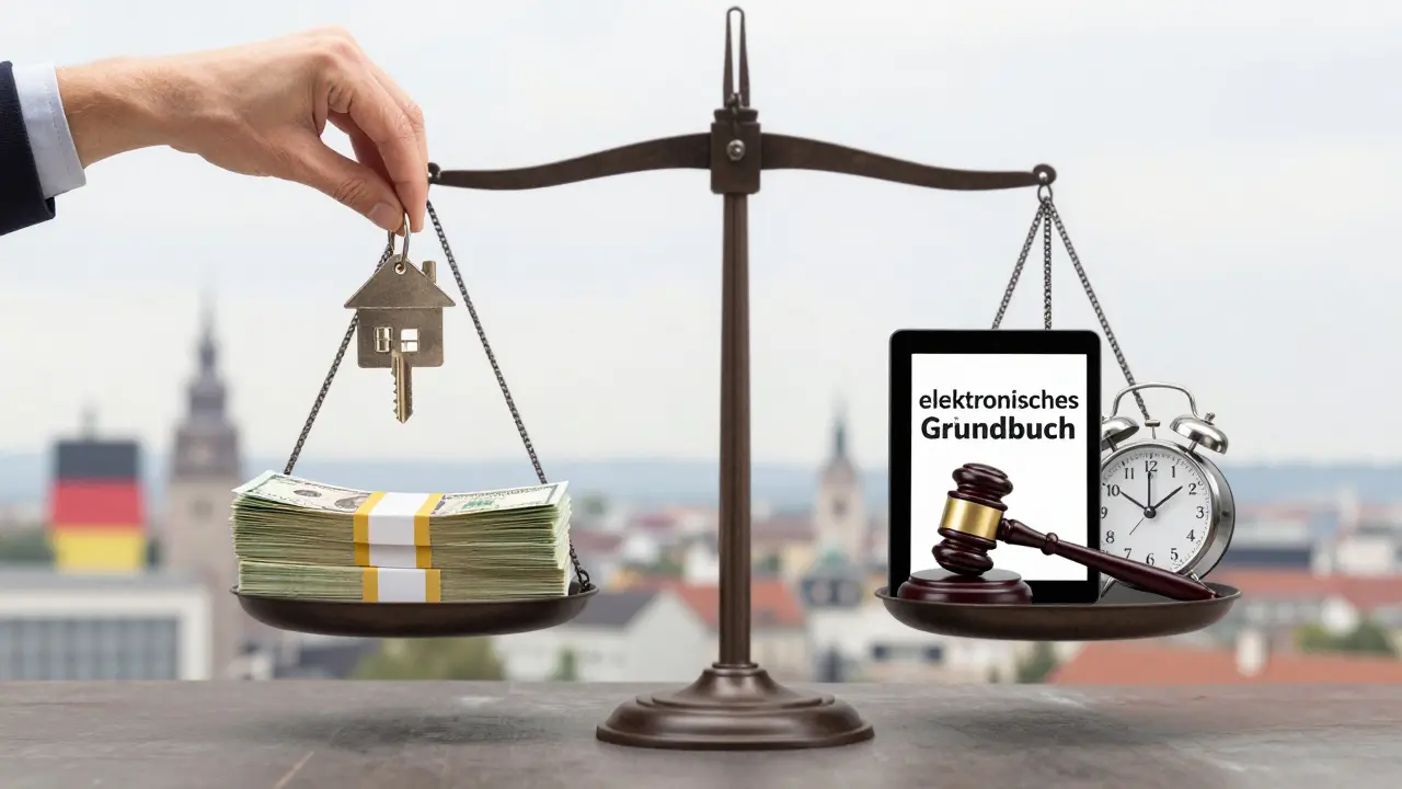 Waage mit Schlüssel und Geld gegenüber Gavel und Digitaltablet – festgelegte Notarkosten vs. technische Effizienz.