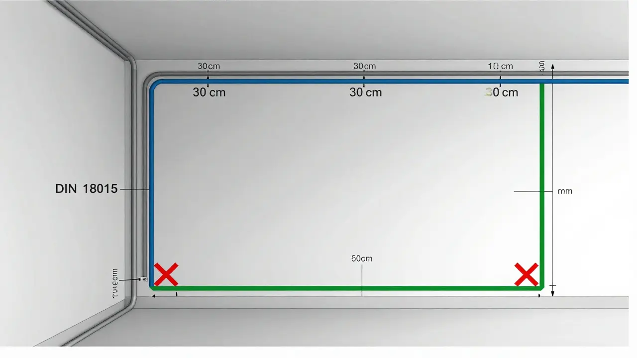 Wandquerchnitt mit korrekter Kabelführung gemäß DIN 18015 und sicheren Bohrzonen.