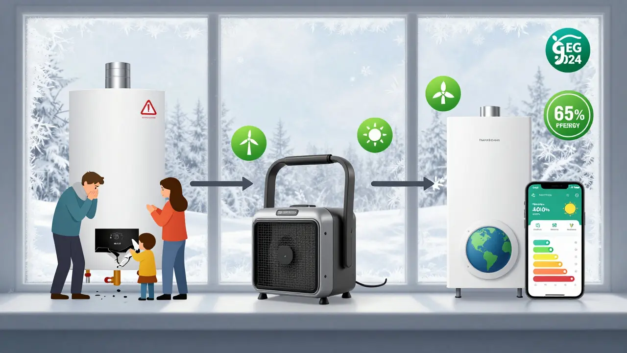 Zeitliche Entwicklung vom defekten Heizsystem über eine Übergangslösung bis zur modernen Hybridheizung mit erneuerbaren Energien.