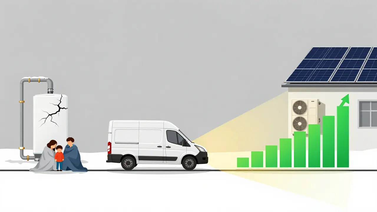 Zeitliche Entwicklung vom Heizungsausfall über eine Übergangslösung bis zur nachhaltigen Wärmepumpe.