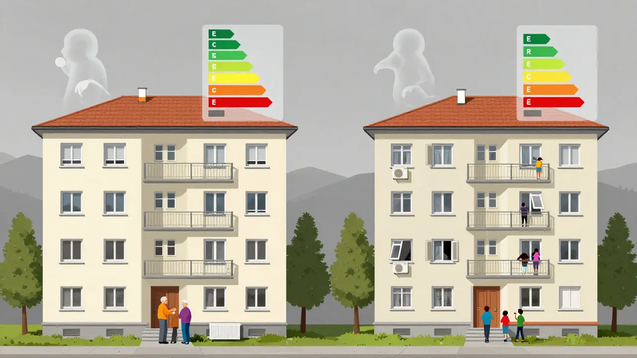 Zwei gleiche Wohnhäuser mit unterschiedlichen Energiekennzahlen, je nach Bewohnerverhalten, unter einem grauen Himmel.
