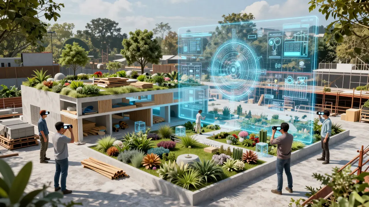 Bauarbeiter mit AR-Brille und holografischem BIM-Modell auf Baustelle.