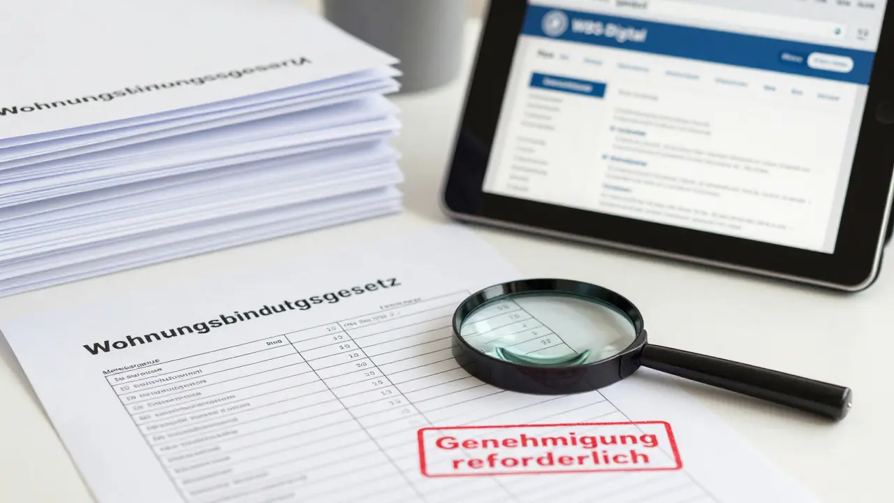 Behördenmitarbeiterin überprüft digitale WBS-Anträge an einem Schreibtisch mit Akten.