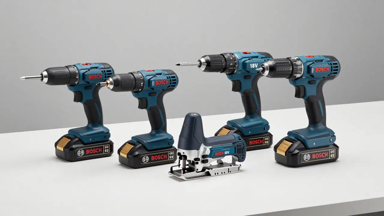 Bosch 18V-Batterie versorgt mehrere Werkzeuge auf Werkbank