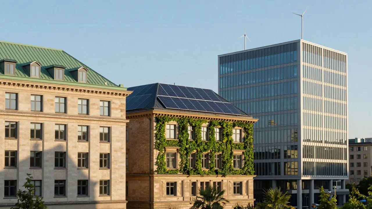 Drei Gebäude mit unterschiedlichen nachhaltigen Architekturmerkmalen.
