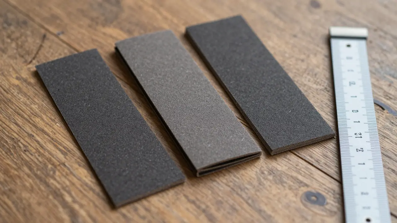 Drei Schleifpapier-Körnungen (36, 80, 120) auf einem Holzboden mit Messgerät, das die Dicke von 2,1 mm anzeigt.