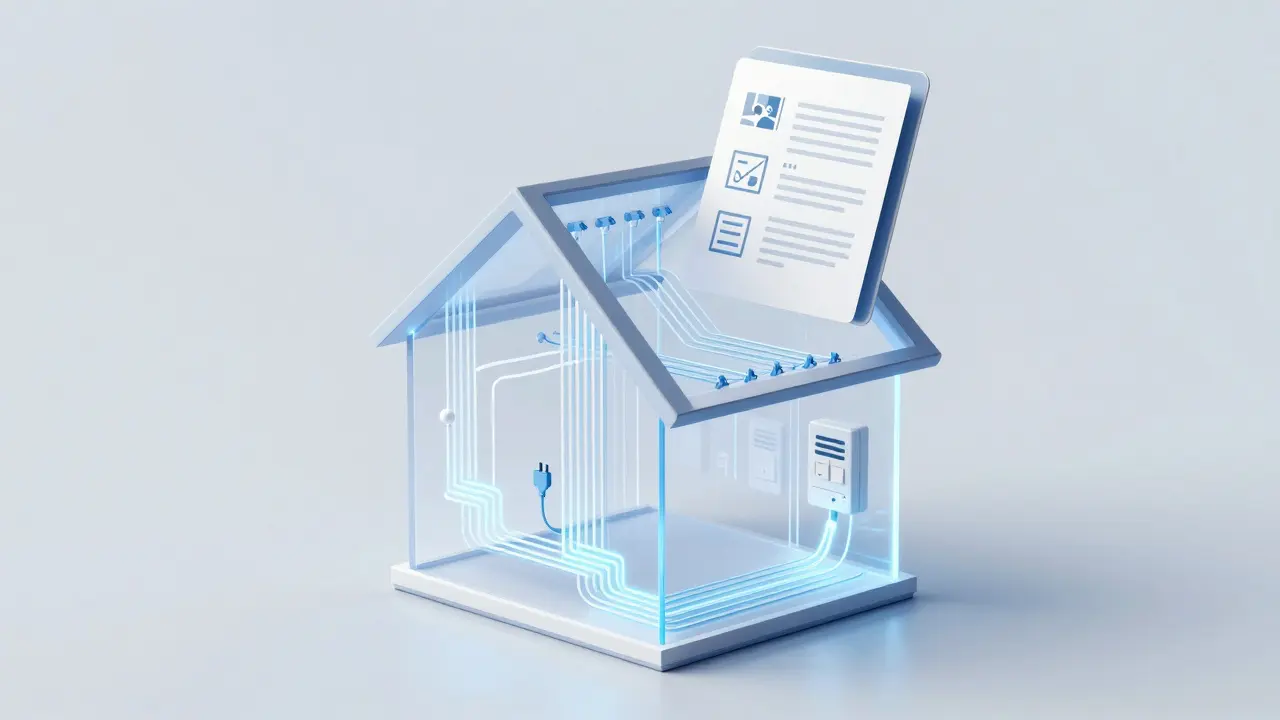 Durchsichtige Haus-Schnittansicht mit leuchtenden Elektroleitungen und schwebenden Dokumenten für Dokumentation.