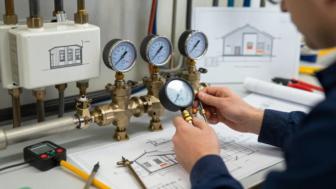 Ein Fachmann justiert Ventile und Messgeräte an einer Heizungsanlage.