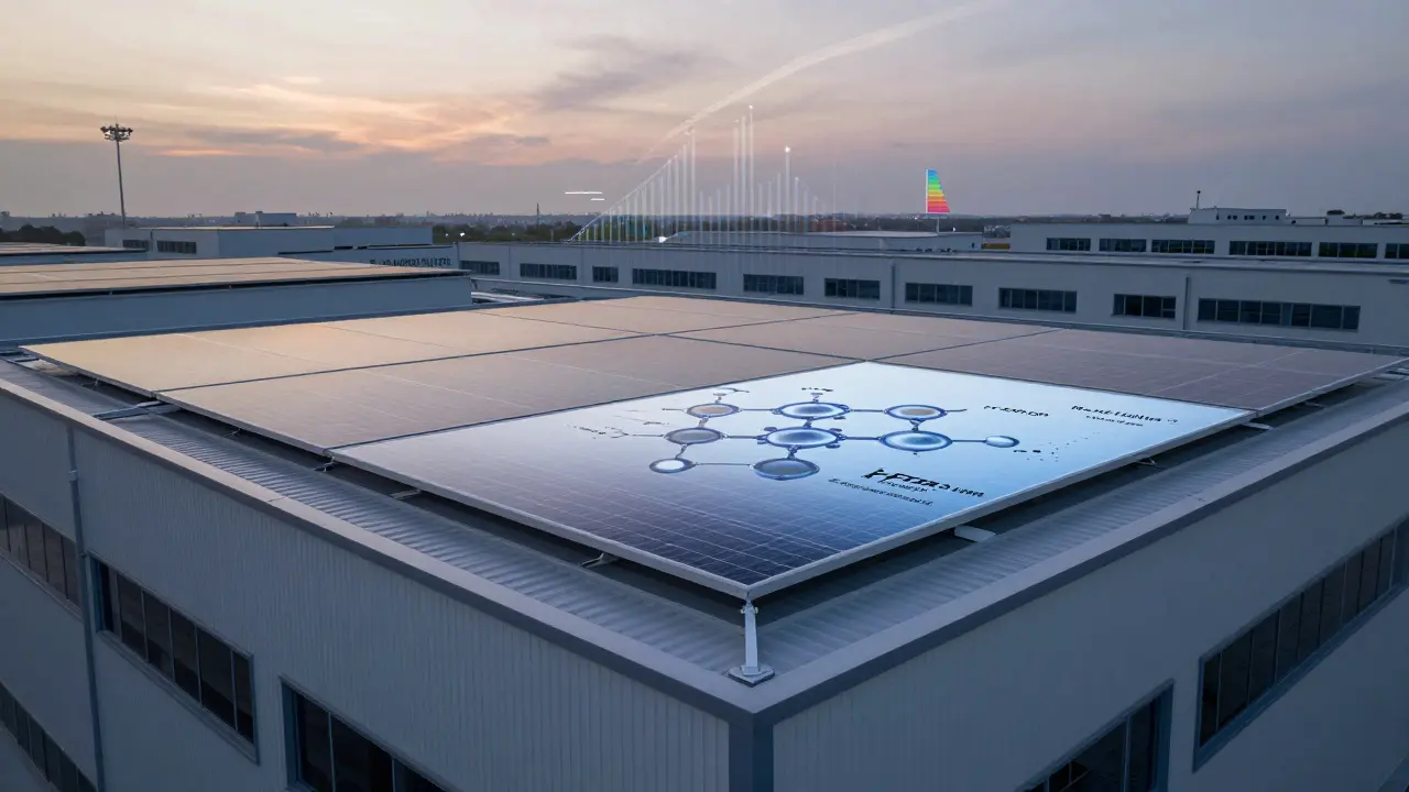 Ein Flachdach mit Premium-Beschichtung, selbstreinigend und mit integrierter Photovoltaik unter einem Dämmerungshimmel.