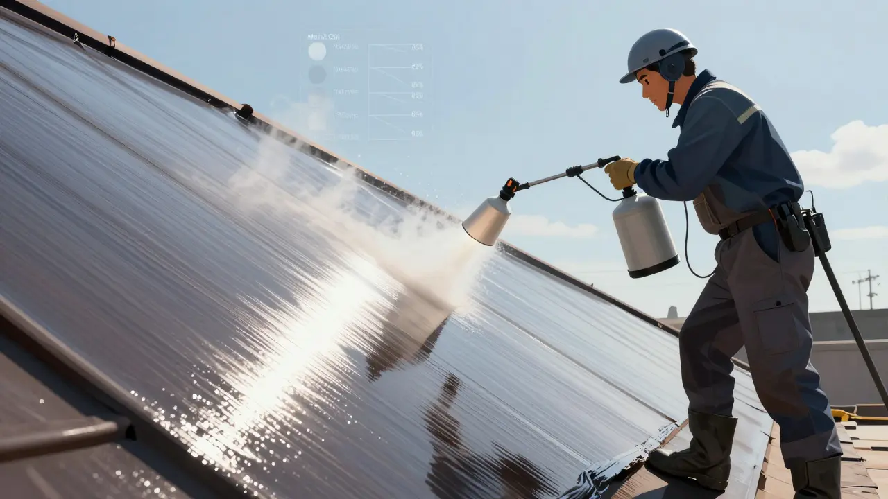 Ein Handwerker sprüht eine silikonbasierte Dachbeschichtung auf ein Dach, das Sonnenlicht reflektiert.