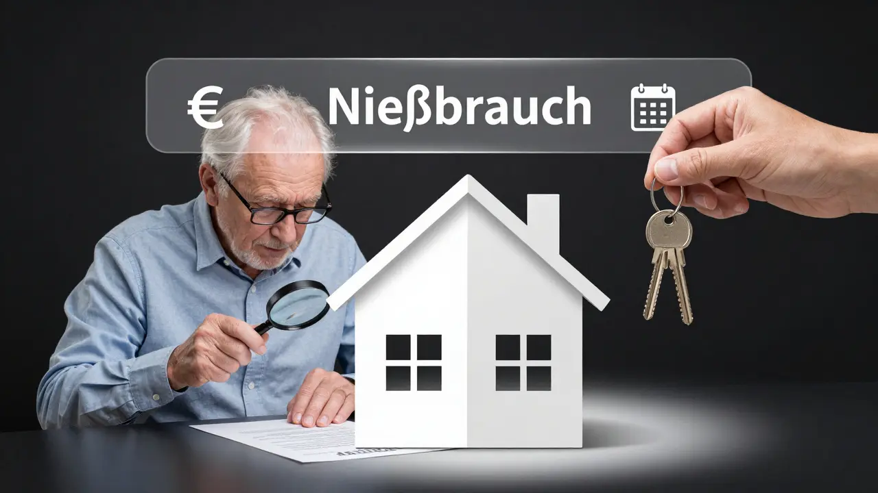 Ein Haus ist halb besitzt, halb übertragen — mit Nießbrauch-Banner, das Mieteinnahmen symbolisiert.