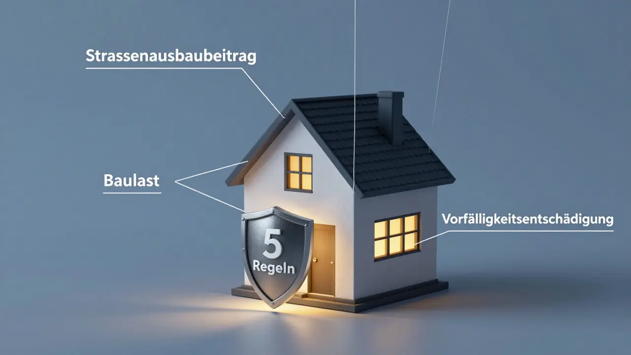 Ein Haus wird von unsichtbaren Fäden aus versteckten Kosten gezerrt, während ein Schild mit '5 Regeln' Schutz bietet.