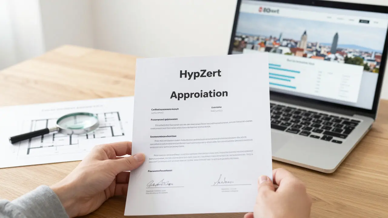 Ein HypZert-Zertifikat liegt neben einem Immobilienbericht und einem Bauplan mit Grazer Stadtansicht im Hintergrund.